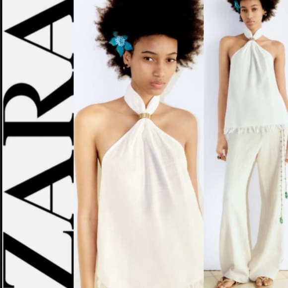 Zara Tops Nwt Zara White Linen Halter Top W Fringe Hem L Poshmark